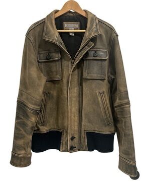 R&R CASUAL Genuine Distressed Leather Brown Bomber Jacket Coat - Size Medium